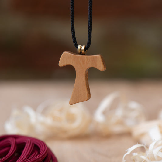 Tau cross pendant in olive wood with bass guitar string ball-end and paracord necklace – Dogstar Wood Lab