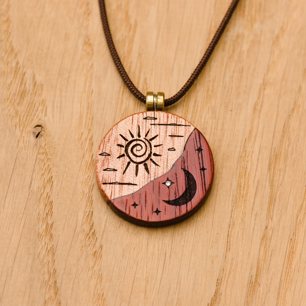 Sun and Moon Pendant “Sirius” in Okoumè and Padauk