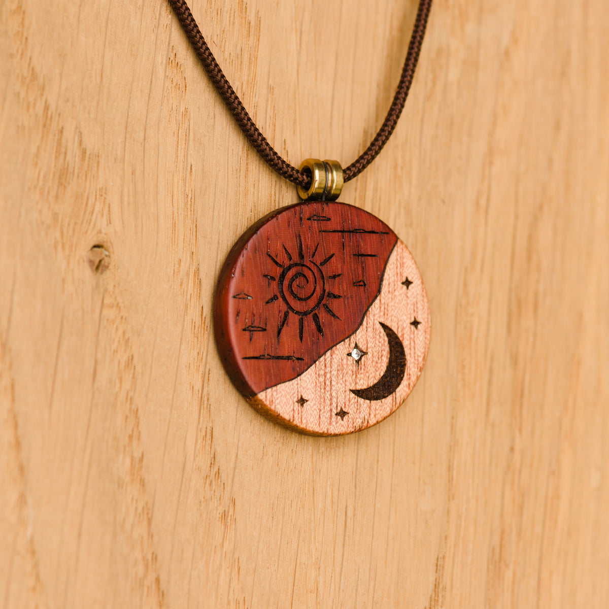 Sun and Moon Pendant “Sirius” in Okoumè and Padauk