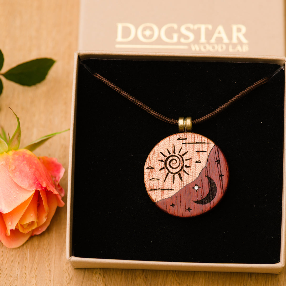 Sun and Moon Pendant “Sirius” in Okoumè and Padauk