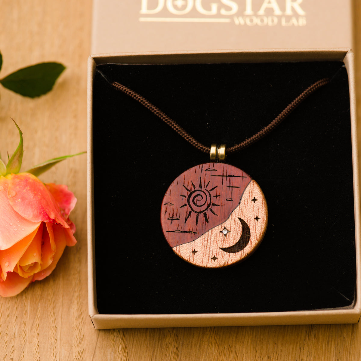 Sun and Moon Pendant “Sirius” in Okoumè and Padauk