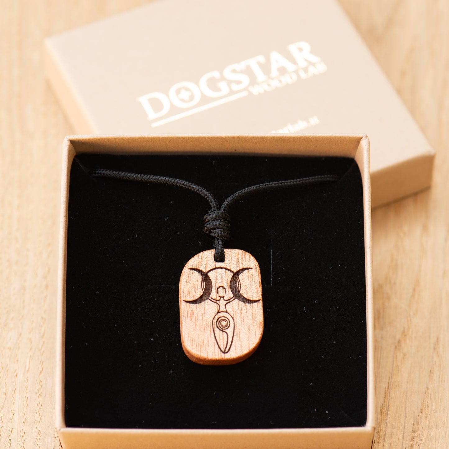Handmade Triple Moon Goddess wooden necklace in FSC eco-friendly gift box Dogstar Wood Lab