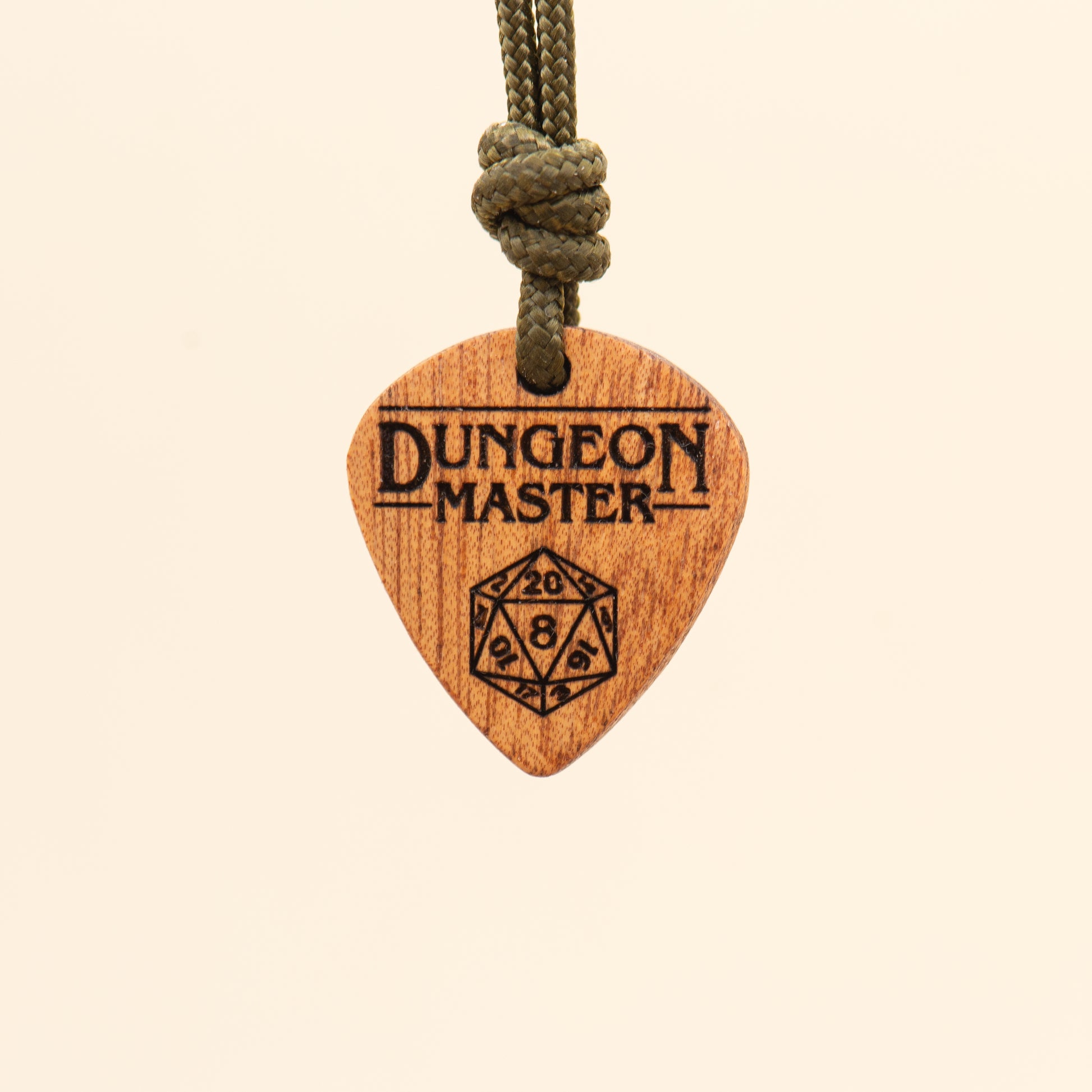Handcrafted Dungeon Master wooden pendant with D20 engraving, inspired by tabletop role-playing games